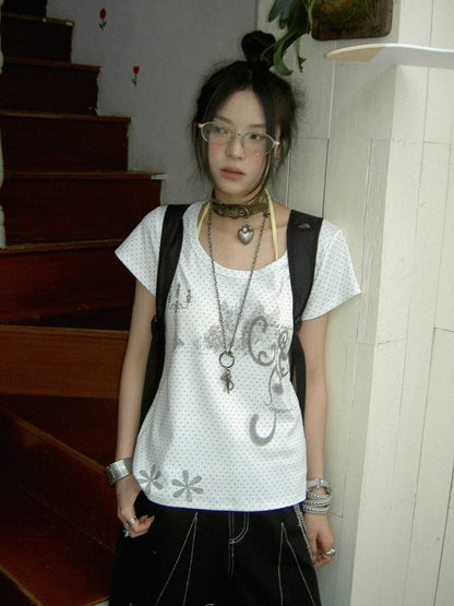 Candelabra Print White Polka Dot Round Neck Tee - innomoood
