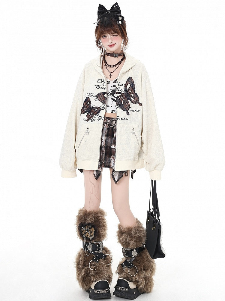 Apricot Butterfly Appliques Spring Loose Zip Hoodie