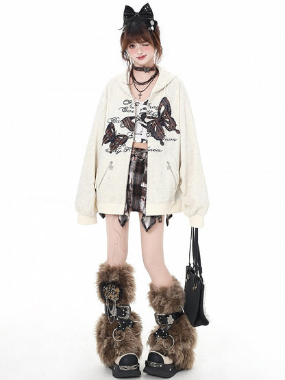 Apricot Butterfly Appliques Spring Loose Zip Hoodie