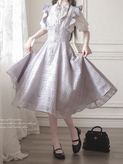 Purple Taro Long Plaid Overall with Version Flutter Sleeves Dress