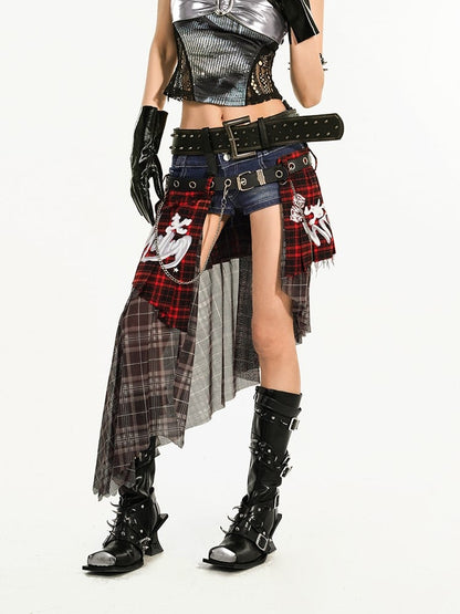 Y2K Skirt Belts Print with Plaid Punk Graffiti Chain Asymmetrical Red