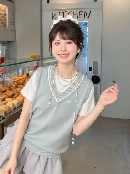 Green V-Neck Preppy JK Uniform Knitted Vest Light