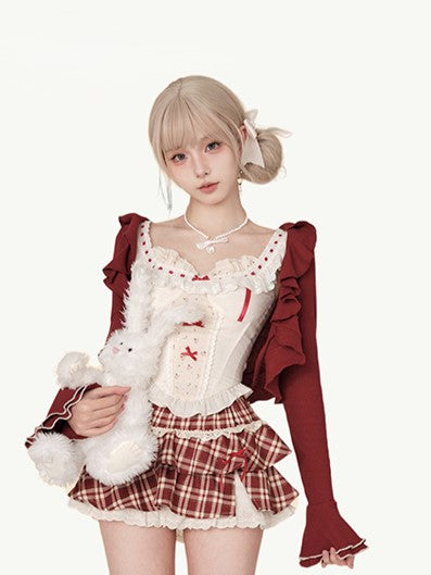 - Skirt Plaid Tiered Kawaii Classic Style Red