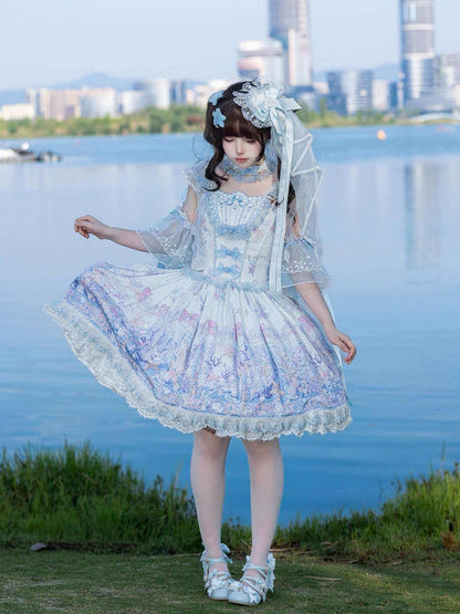 Blue Pearl Marine Print Lace Trimmed Sweet Lolita Jumper Skirt - PG Lullaby