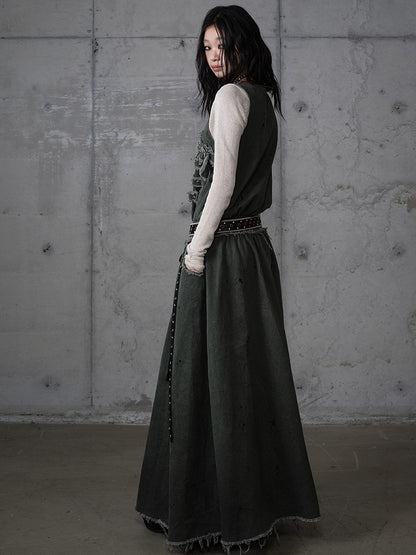 Metal A-Line Straps Punk Oversized Green Dress Edges Vest Eyelet Dark with Raw