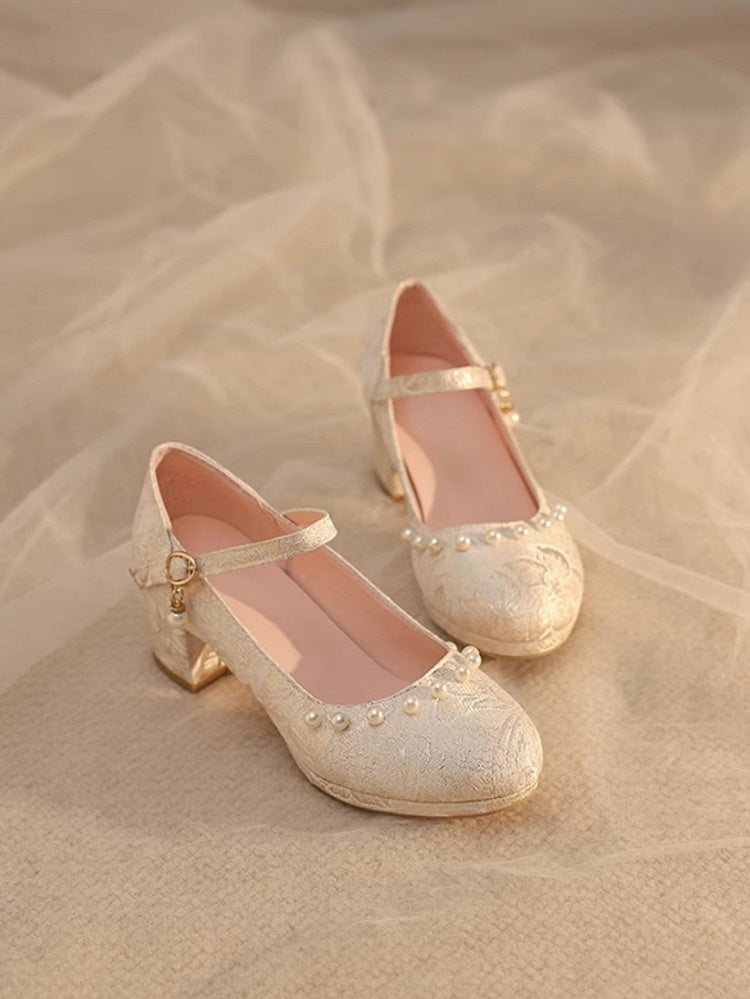 Beige Heels Muster Lolita Floral Block Mid Details Perlen Qi Satin -