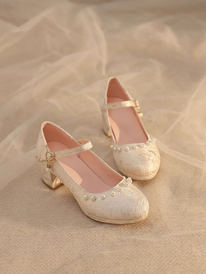 Beige Heels Muster Lolita Floral Block Mid Details Perlen Qi Satin -