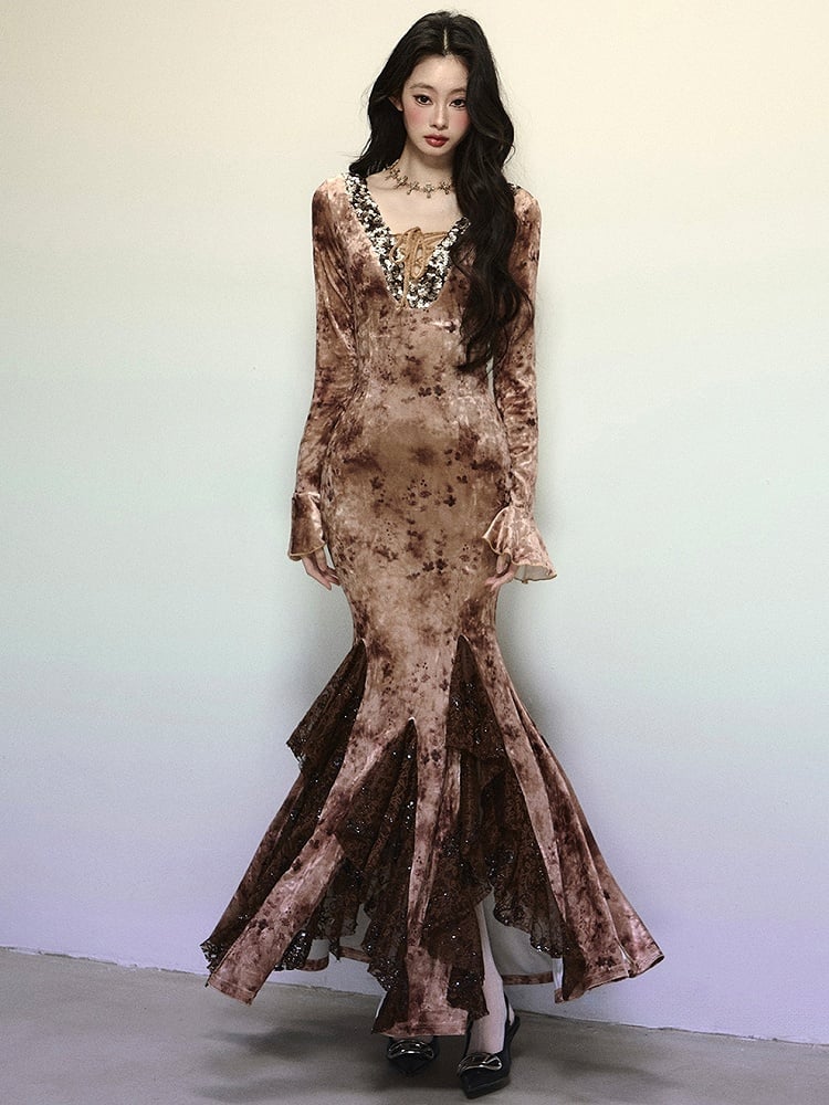 Kaffee Pailletten V-Ausschnitt Hohe Taille Spitze Patchwork Volant Meerjungfrau Rock Samtkleid Abendkleid