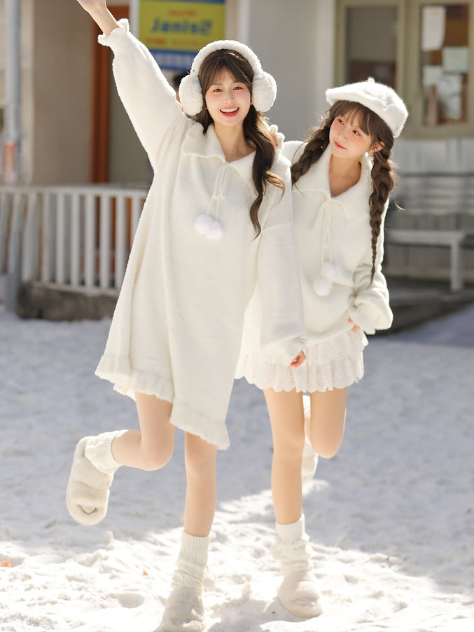 Pompons Decorated Pullover White Sweater