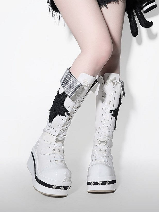 Punk with Boots Platform White Knee-high Embroidery Bone