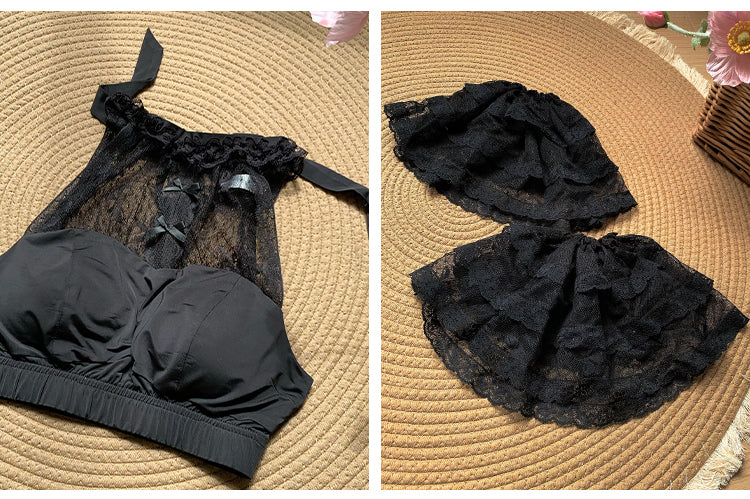 袖取り外し可能ホルターネックフリル付きレーストップス（ブラック）クロップド丈