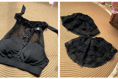 袖取り外し可能ホルターネックフリル付きレーストップス（ブラック）クロップド丈