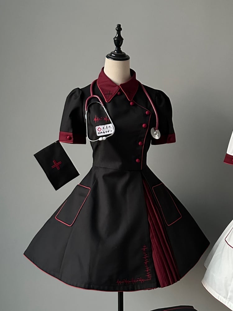 Schwarzes und rotes Halloween-Kostüm für Krankenschwestern, Lolita-Kleid, komplettes Set