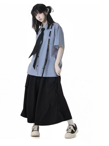 Stil Blau Preppy Krawatte Kurzarm Hemd mit Gratis