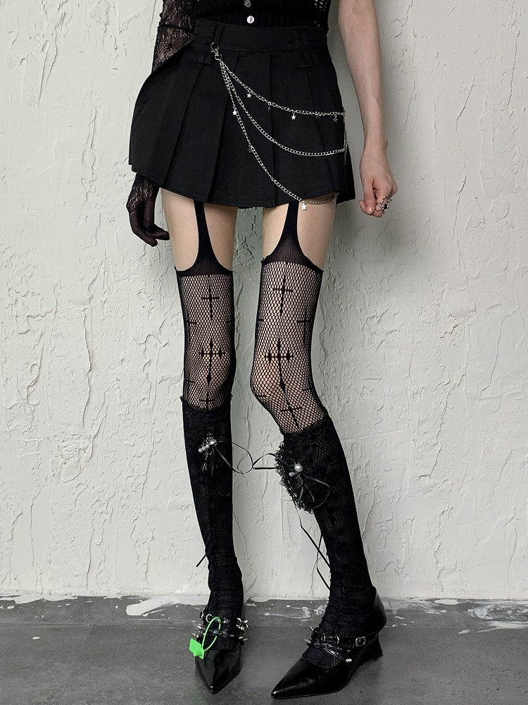 Pearl Self-tie Stockings Black Straps Floral Y2K Pattern Semi-sheer Underknee With Charms