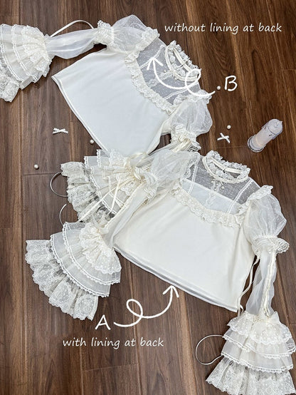 Tulle White with Sleeves Creamy Detachable Blouse Dotted Puff