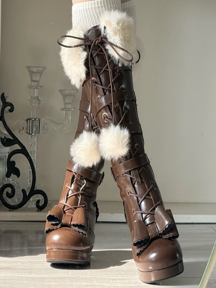 Dark at Closure - Top Boots Hybrid Elegant Brown Winter Lolita Bow
