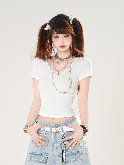 Slim-fitting T-shirt White/Black Side V-neck Lace Trim Lace-up