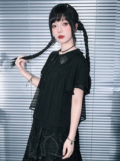 Dark Peter Pan Collar Short Sleeve Blouse with Floral Embroidery - Quirky Hut