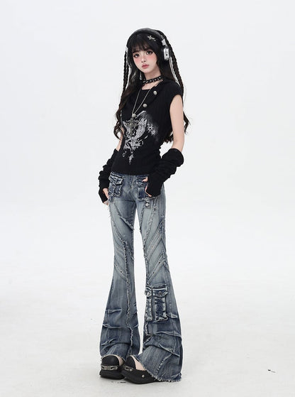 ブルー ローライズ 切りっぱなし裾 フェードウォッシュ フレア カーゴジーンズ Y2K