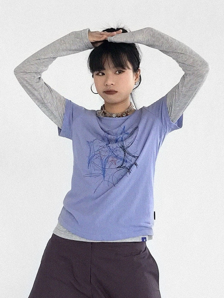 T-Shirt Short Y2K Print Round Version Sleeve Purple with - Graffiti Neck