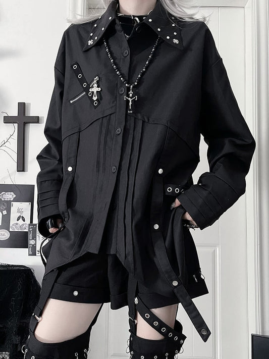 with Black Hem Back Long-Sleeve Punk Shirt Cross Print Asymmetrical