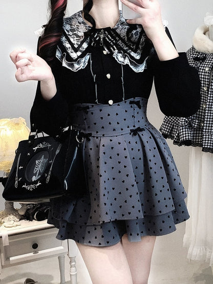 Kei Skirt: Pattern Tiered Waist with Dot Polka Heart High Jirai Dark Sweetness