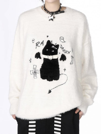 Detail Katzengürtel Pullover Kragen Strick Flockstickerei - Kawaii Weiß/Schwarz