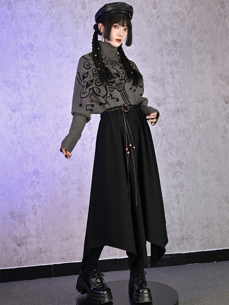 Black Fall/Winter for Skirt Waist with Asymmetrical Woven Handkerchief Cord Elastic Hem