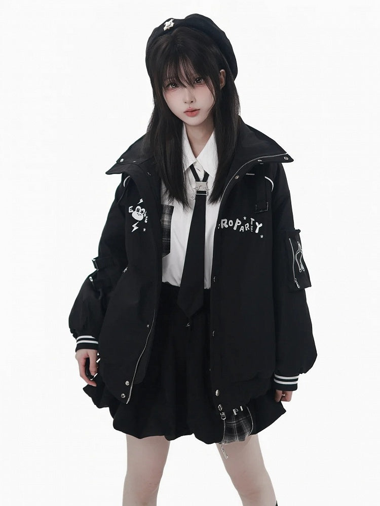Strap Bubble Skirt Buckle Patchwork Design Plaid Mini Black with Zipper