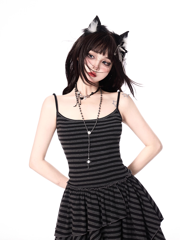 Dress Skirt Cami Black and Gray Stripes Handkerchief Hem Tiered