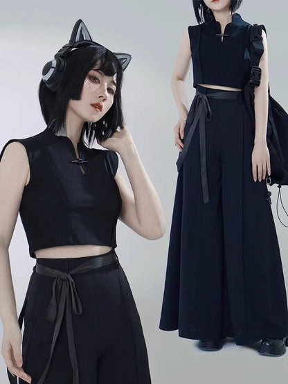 Black Cotton Sleeveless Top with Metal Frog Closure - Feng Hua Gui Guo Ling