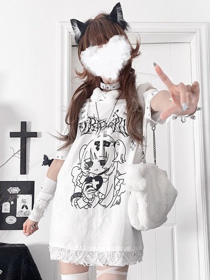 Topwith White Subculture Girl Gothic Anime PrintCross-Buckle Straps Off-Shoulder