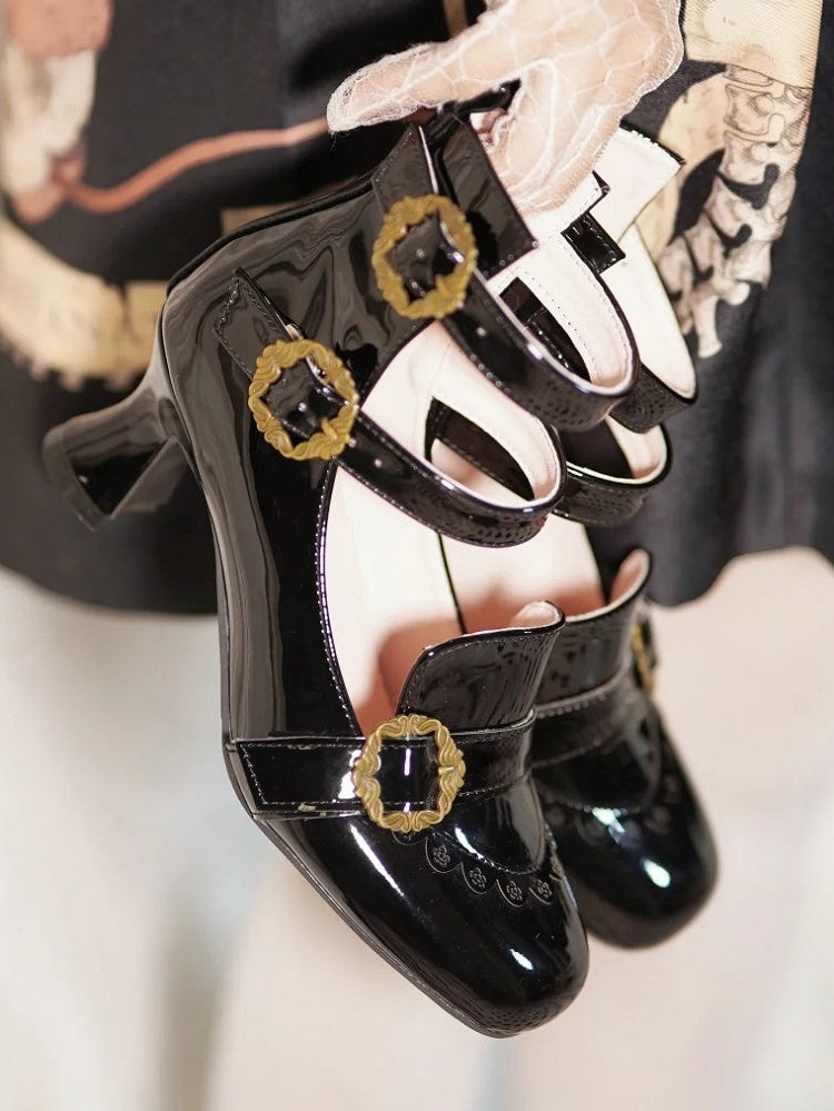 Black Triple Rose with Elegant Delicate Janes - Polished Accents Buckle Lolita Mary Design
