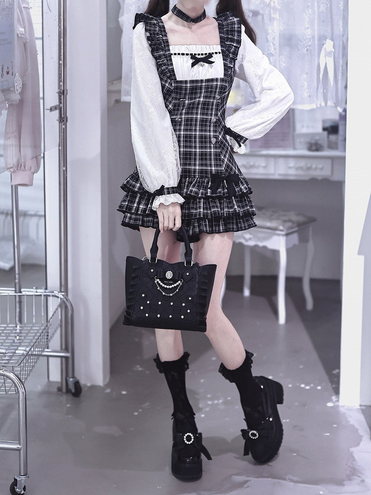 Jirai Kei Two-Piece Set: Plaid Square-Neck Long-Sleeve Dress & Ruffle Shorts - Ekomi