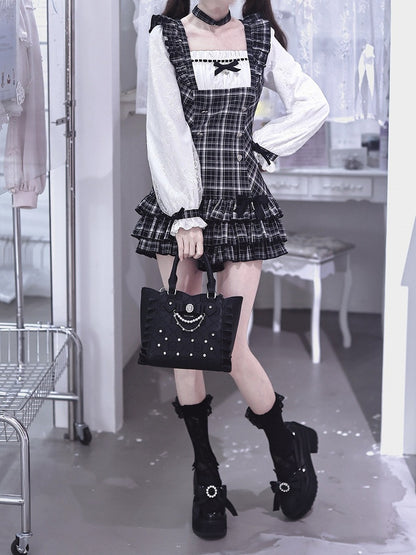 Jirai Kei Two-Piece Set: Plaid Square-Neck Long-Sleeve Dress & Ruffle Shorts - Ekomi
