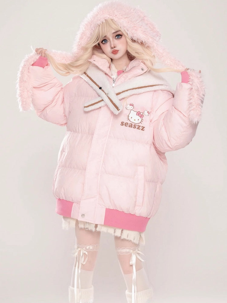 Dicke Jacke mit abnehmbarem Matrosenkragen und rosa Kätzchen-Print