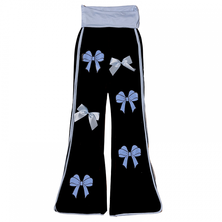 Schwarze Schlaghose mit hoher Taille und blauen Schleifen