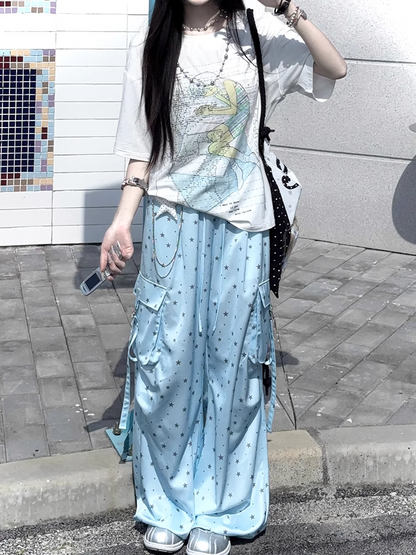 Allover Waist Blue Wide-leg Cargo Pants Star Print Drawstring