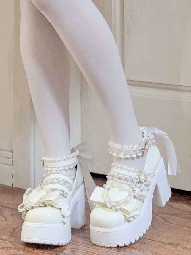 Kei White Heart Jirai Lace Block Bow Heels Ruffled Straps with High Buckle Patch - Platform