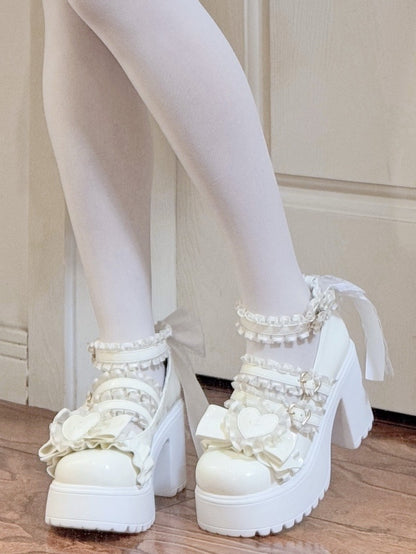 Kei White Heart Jirai Lace Block Bow Heels Ruffled Straps with High Buckle Patch - Platform