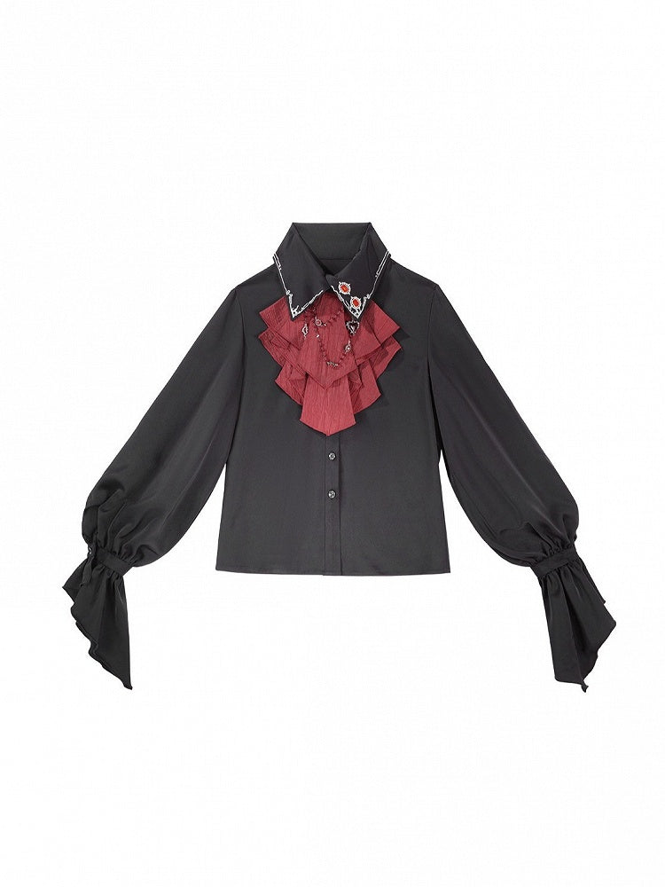Ouji Lolita Gothic Shirt, Long Pants and Corset Set with Capelet in Black & Red - Unknown Star