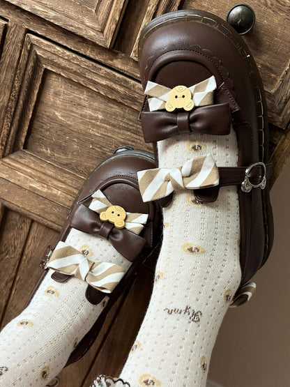 Design PU - and Kuma-themed with 2cm Flat Ear Shoes Strap Lolita Bear Brown Striped Bow