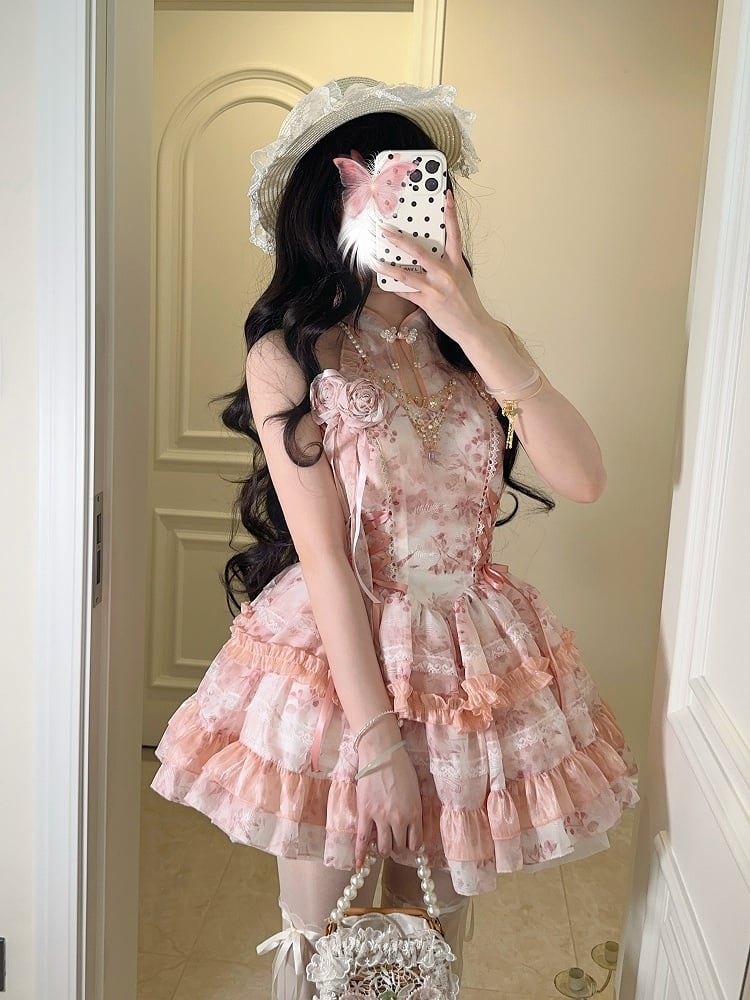 Qipao-Style Floral Halter Details Pattern with Lace Pink Dress Button Lolita Sweet Neck
