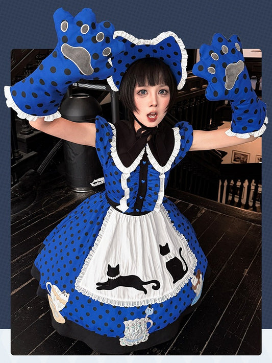 Dark Blue & Black Polka Dot Lolita Dress Set with Cat Theme Design - Rock Candy Box