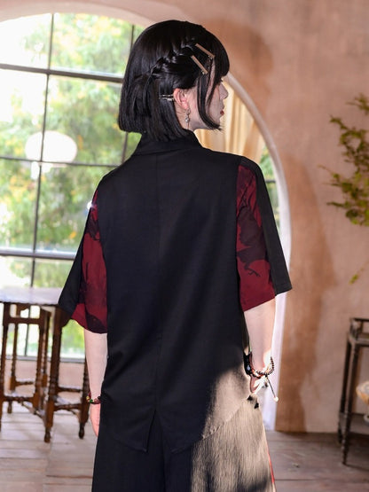 Gothic Black and Red Spliced Pointed Flat Collar Short Sleeve Shirt with Crow Motif - Quirky Hut