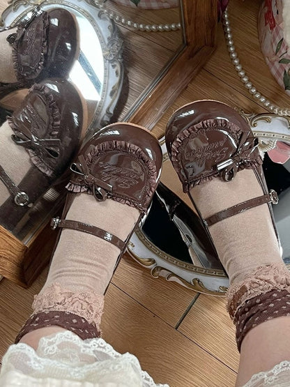 Sole Leather Lolita Knotted Sweet Brown Bow Flat Accent with Shoes Ruffles Trim PU