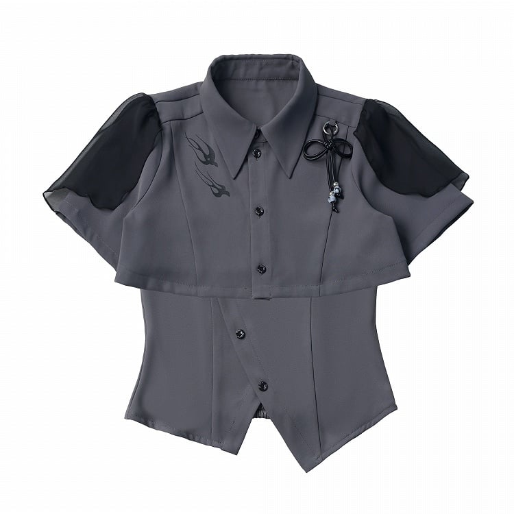 Gray Cropped Shirt with Leather Knot & Cami Set - PINK SAVIOR