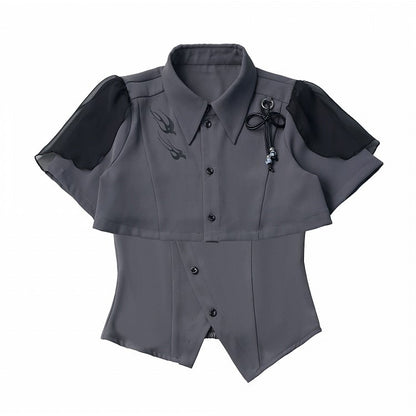Gray Cropped Shirt with Leather Knot & Cami Set - PINK SAVIOR