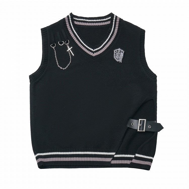 Gothic Black Strap Vest Accents and with Cross Buckle Academia Chain Knit
